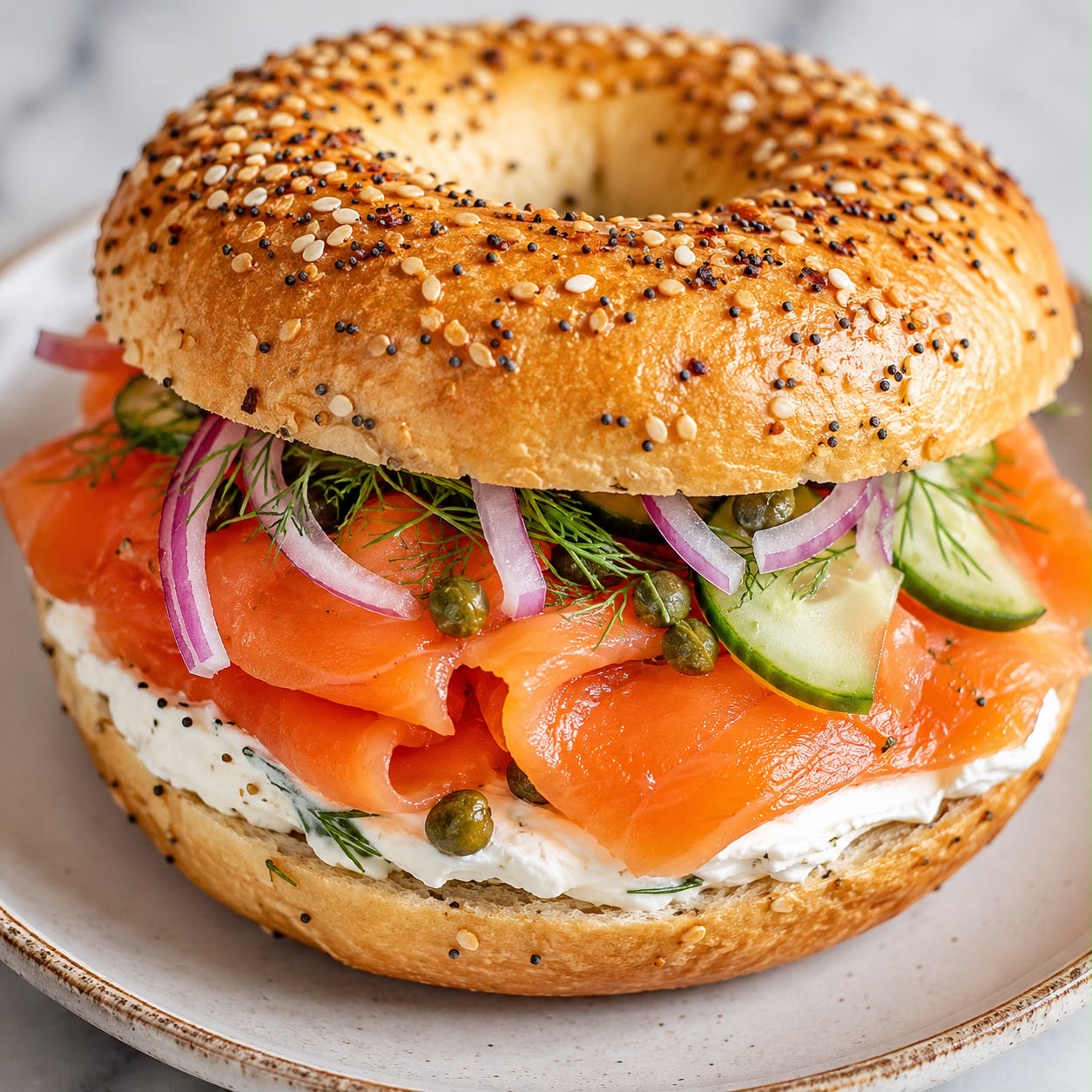 Everything bagel with smoked salmon and cream cheese
