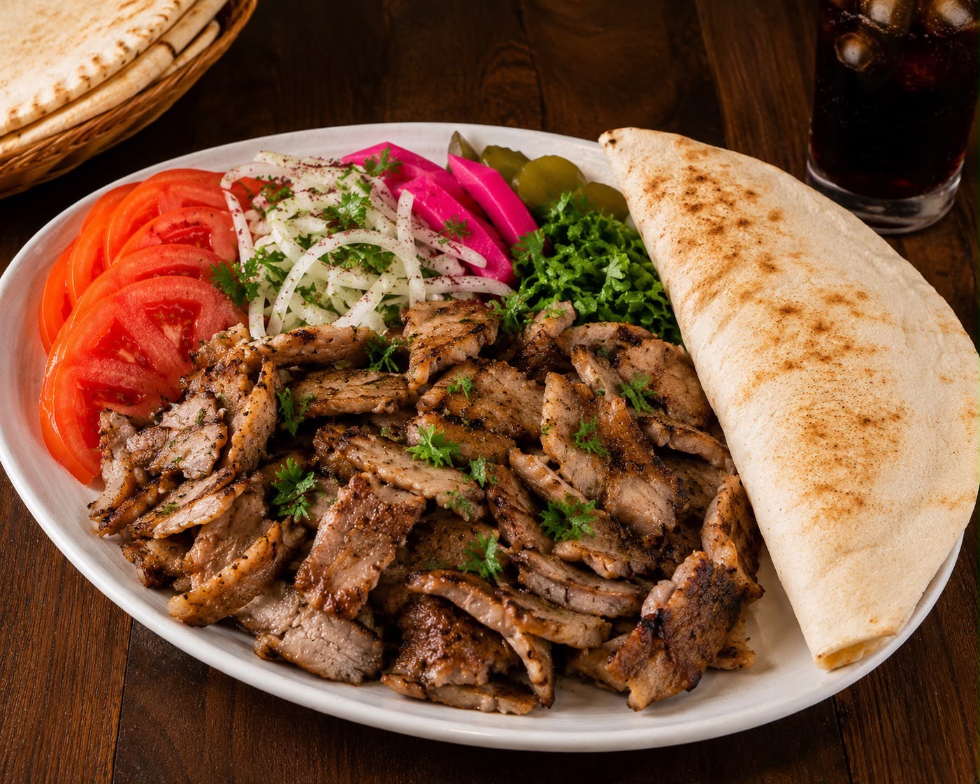 Beef shawarma platter with pita, salad and pickles