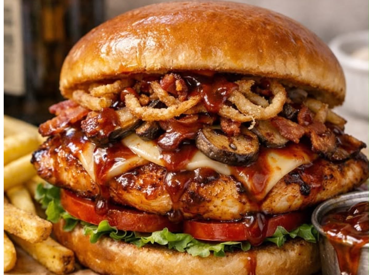 BBQ chicken burger with bacon, mushrooms and crispy onions