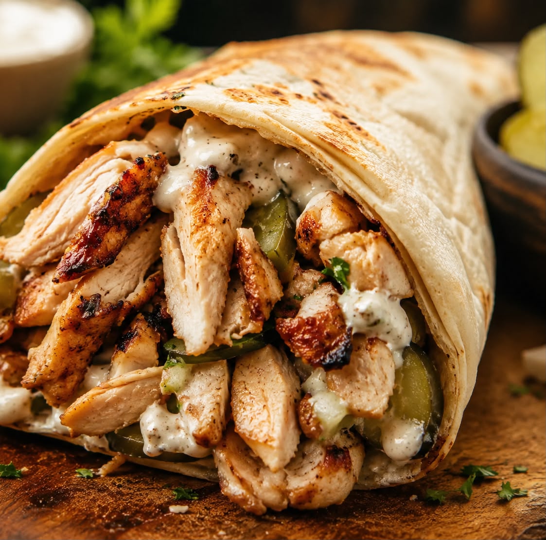 Chicken shawarma wrap with garlic sauce and pickles