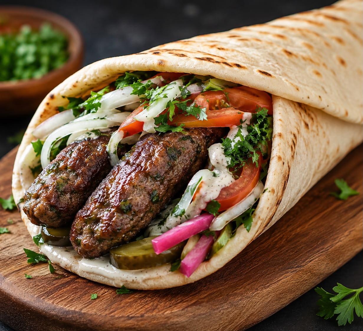 Lebanese kafta wrap with tomato, onion, parsley and tahini